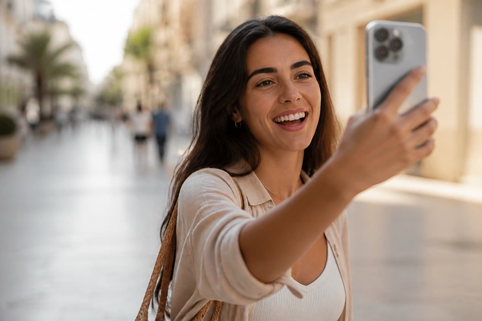 Creadora publicando contenido desde la calle